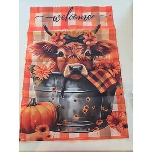 Fall Welcome Garden Flag – Highland Cow in Pumpkin Bucket – Double-Sided...